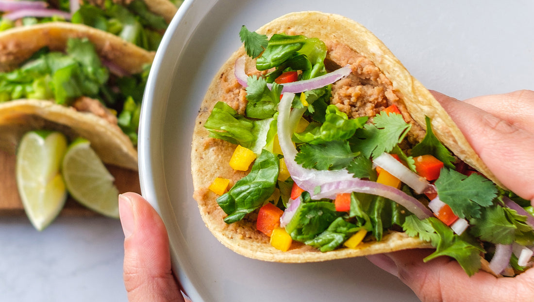 Refried Pinto Beans and Vegan Chorizo Tacos